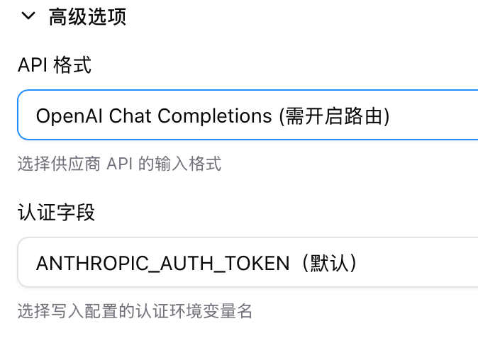 Claude Code 需要选择 OpenAI Chat Completions 和 ANTHROPIC_AUTH_TOKEN 两个模式